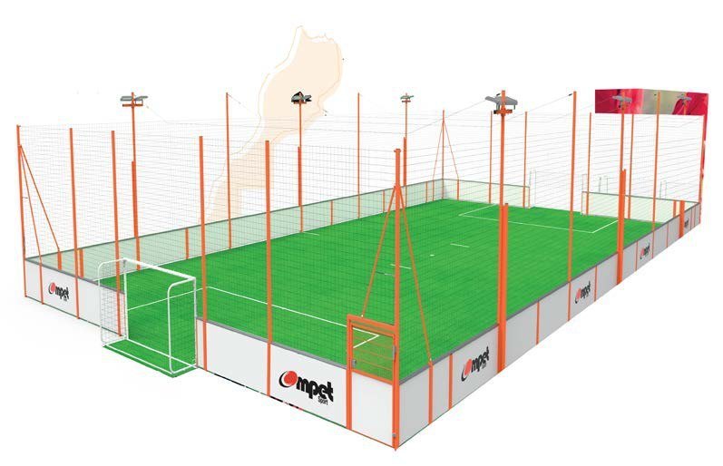 Vue 3D du terrain de foot à 5 CompetSport avec palissades, filets, buts et projecteurs